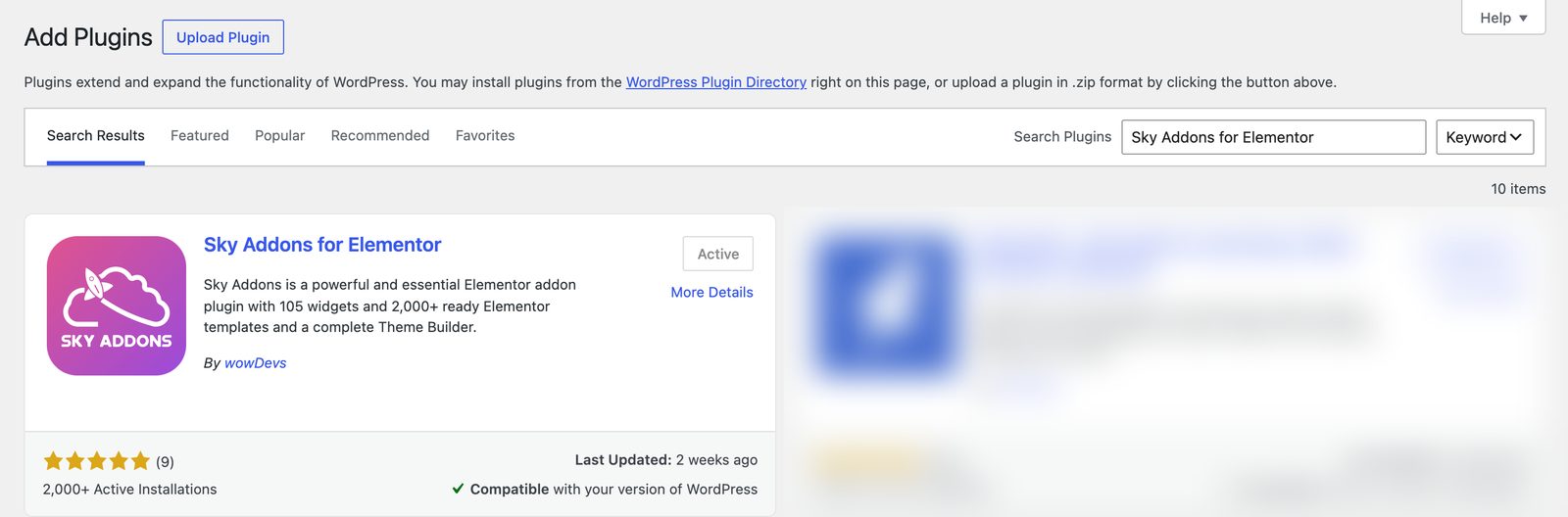Install Sky Addons for Elementor from Plugins Add New search