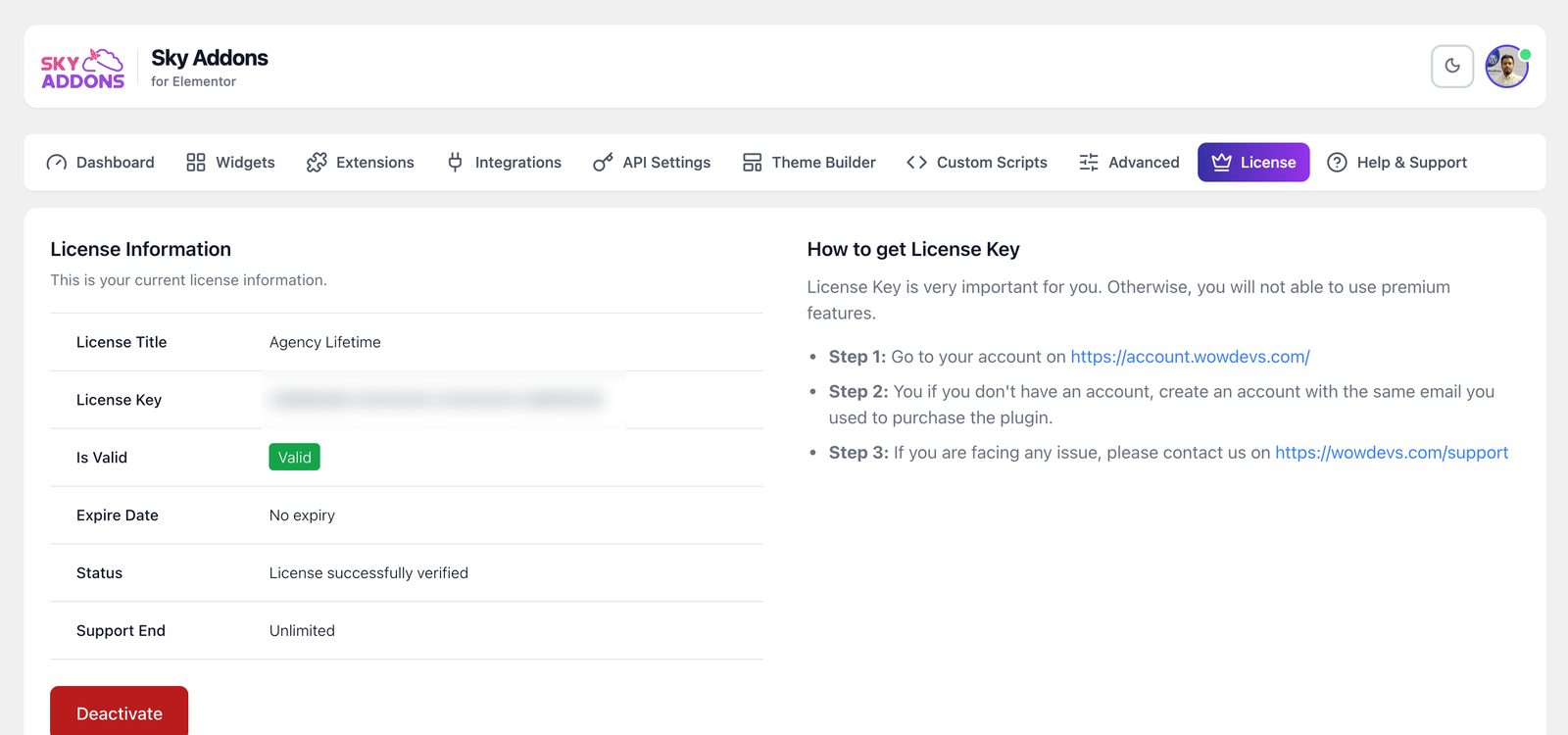 Sky Addons Pro License tab with a valid license