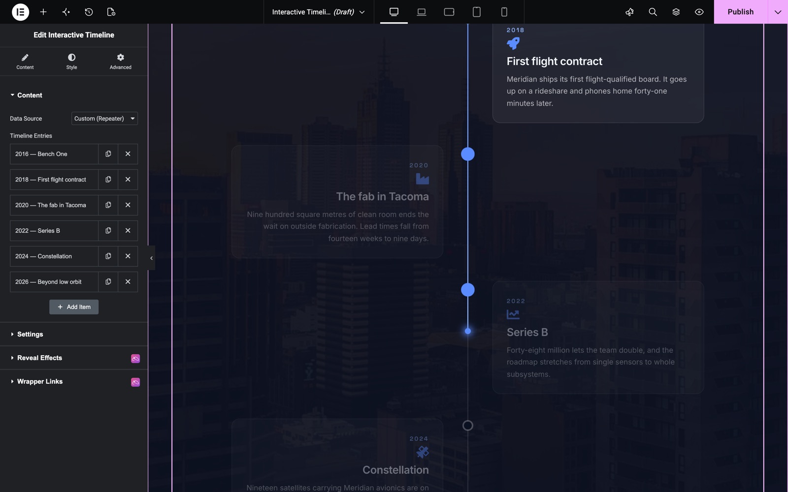 Elementor timeline widget with the Custom data source and six timeline entries