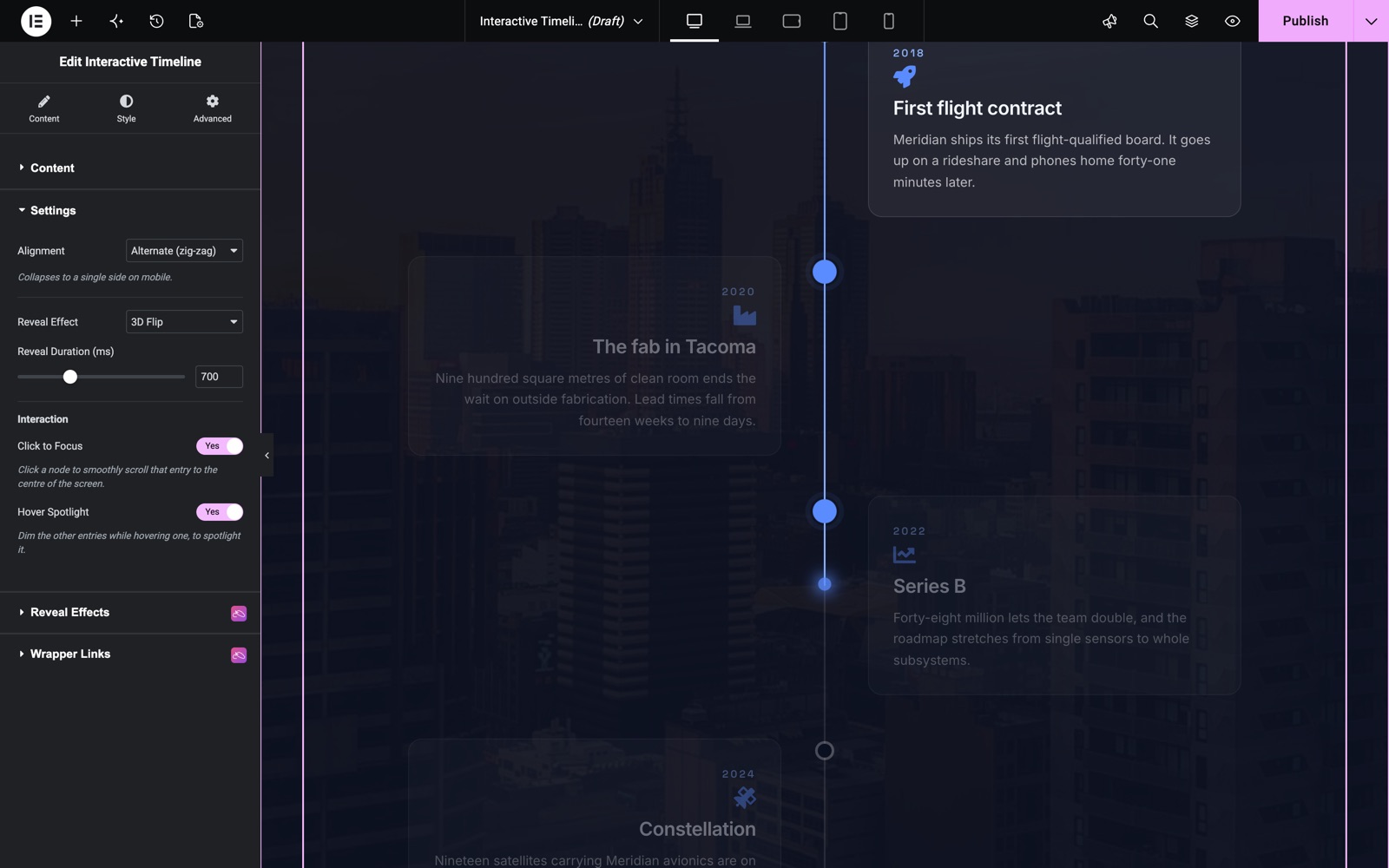 Interactive Timeline settings with alignment, 3D flip reveal effect and click to focus