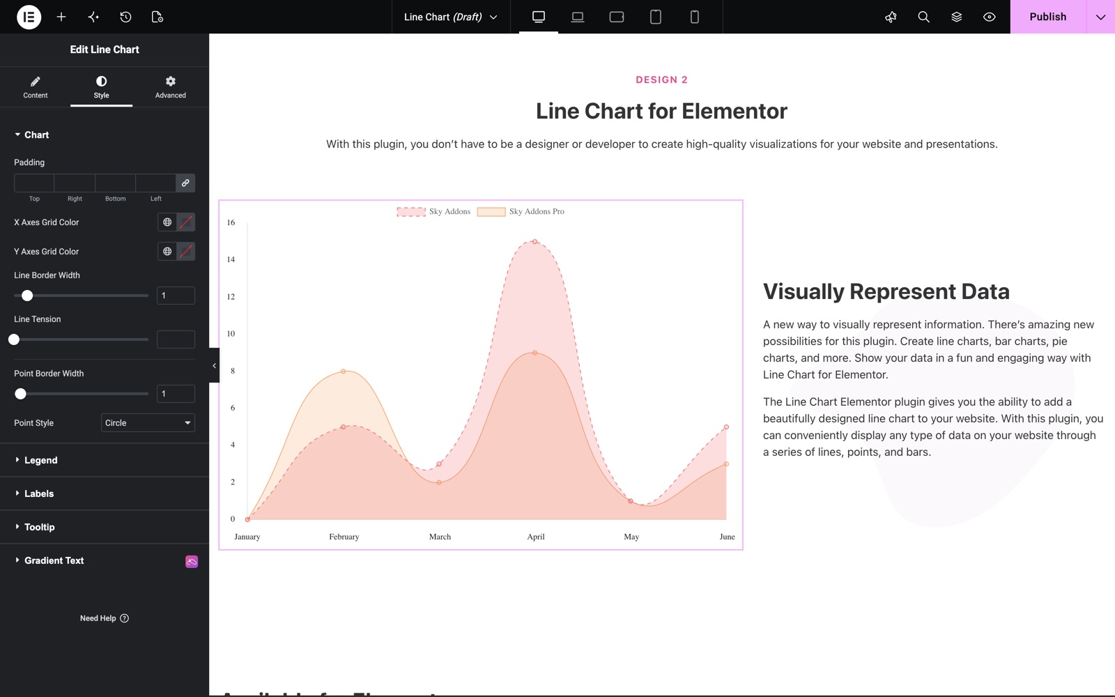 Line Chart style settings with line border width, line tension and point style