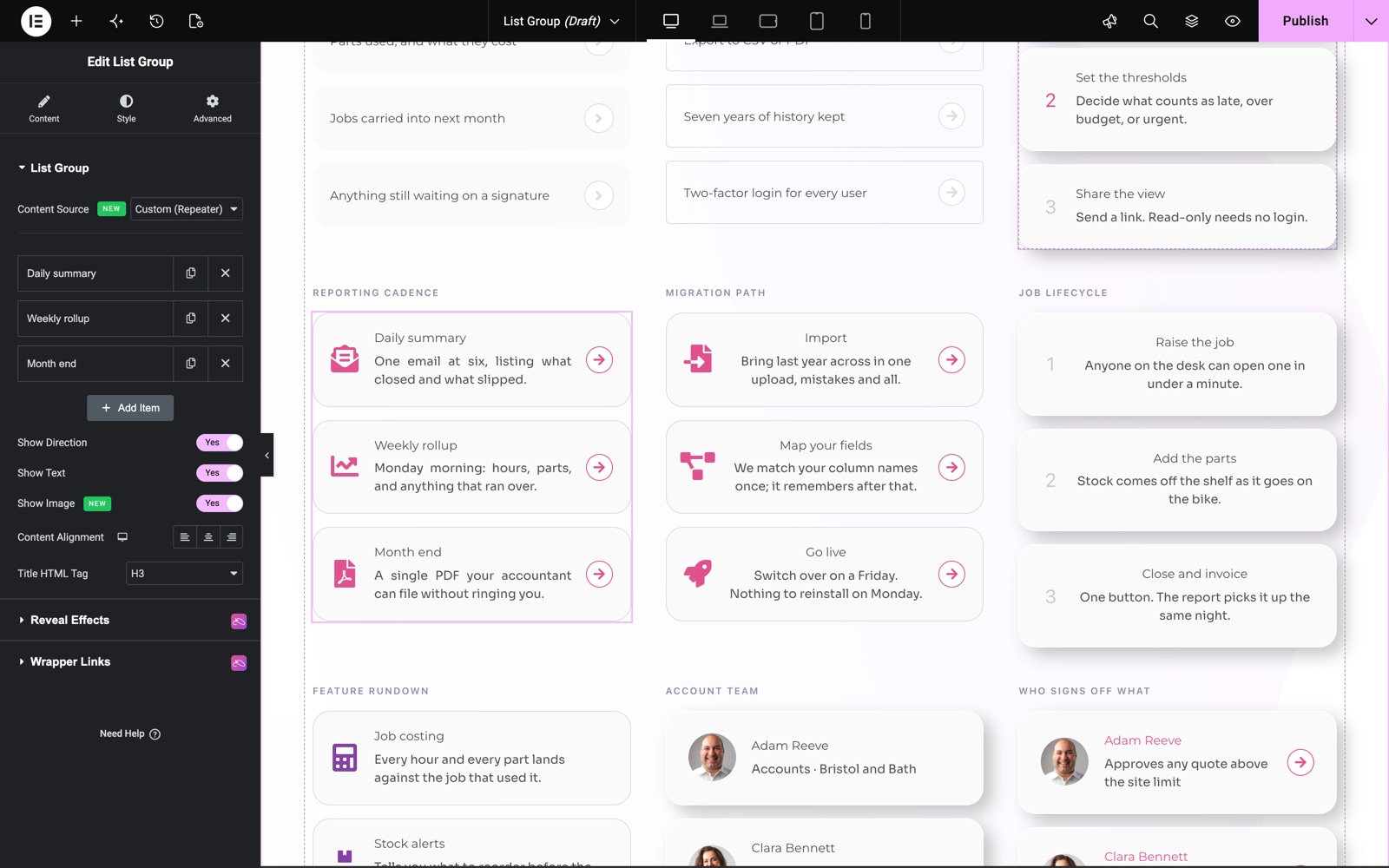 List Group items with icons, titles and text in Elementor
