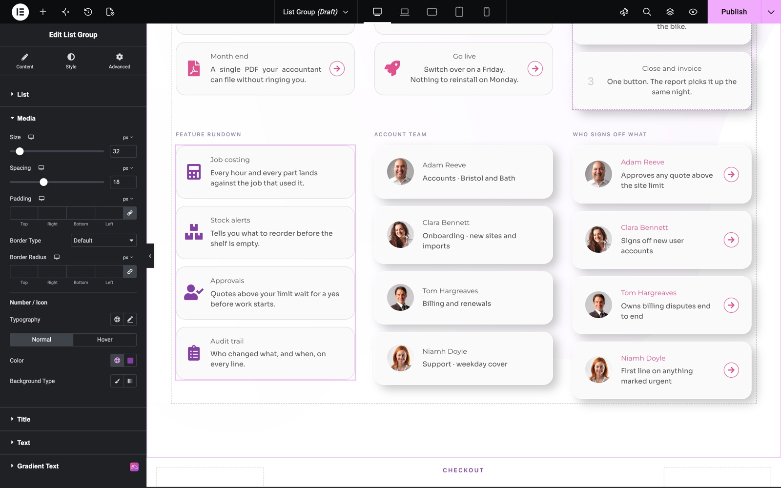 List Group Media style with size, spacing, padding and number or icon color