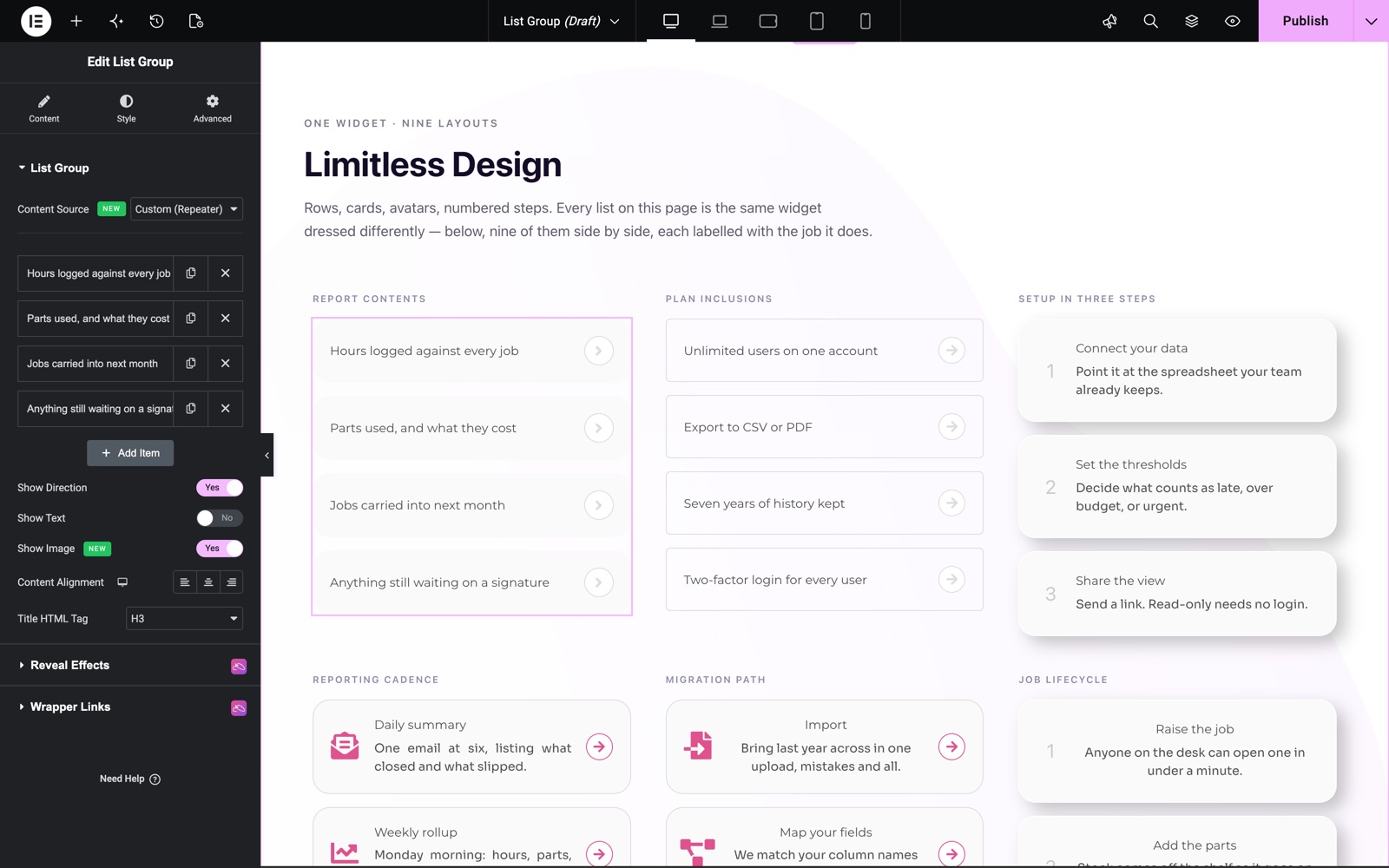 Elementor list group widget with four items, direction arrows and text hidden