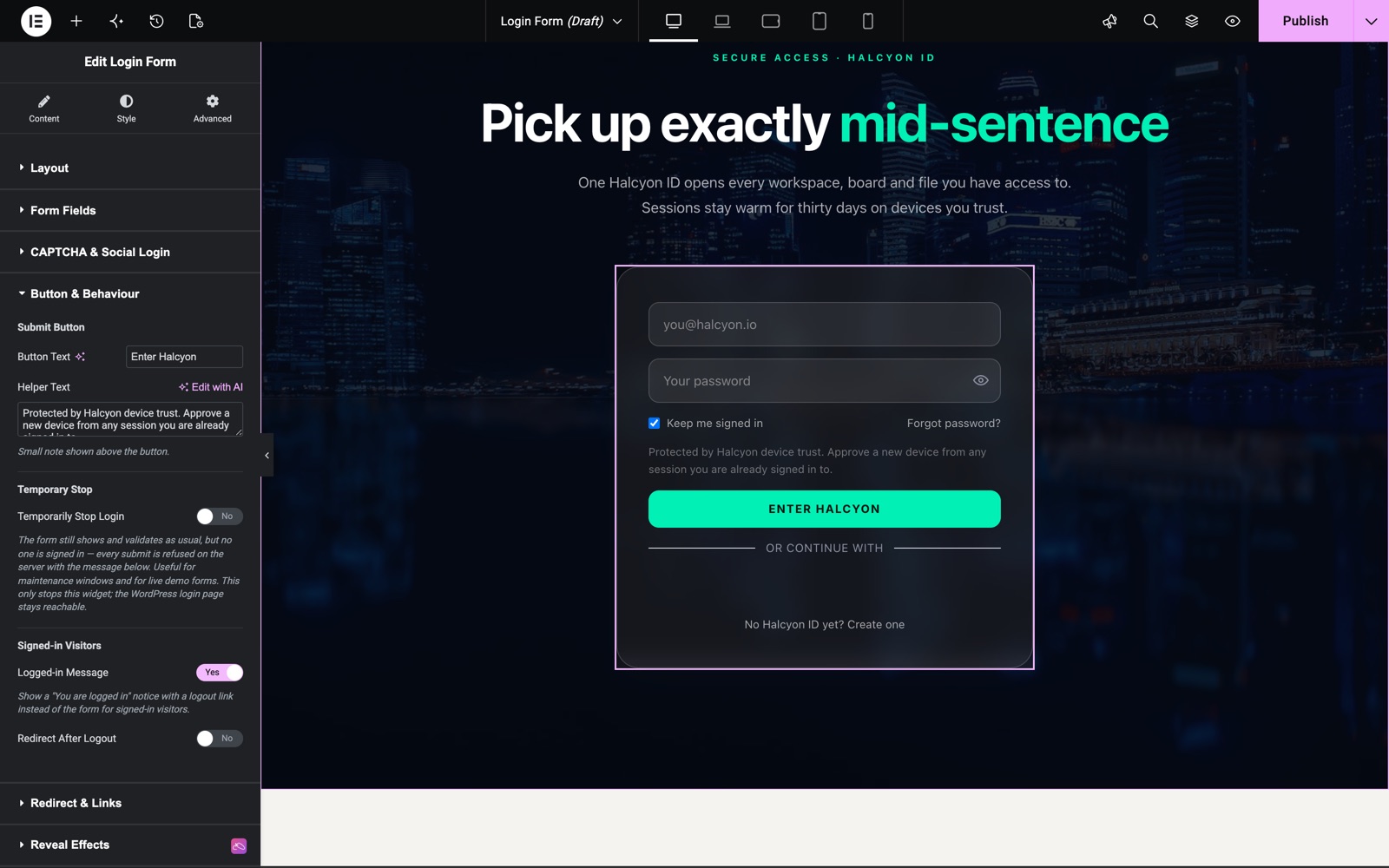 Login Form Button and Behaviour settings with helper text, Temporarily Stop Login and Logged-in Message