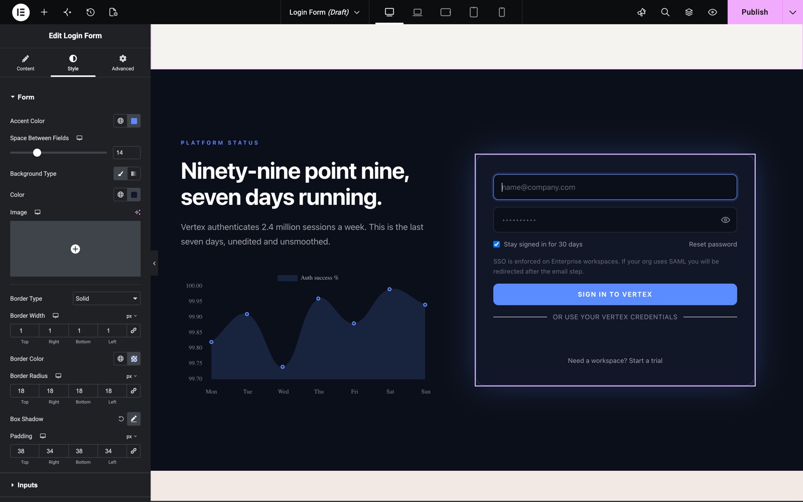 Login Form card style with accent color, background, border, radius and padding