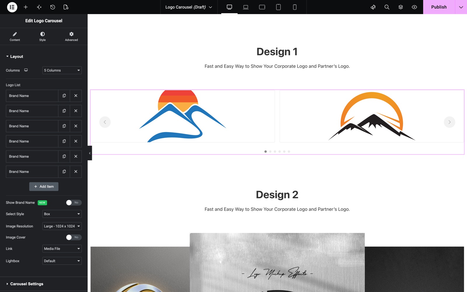 Elementor logo carousel widget Layout section with six logos, Box style and lightbox link