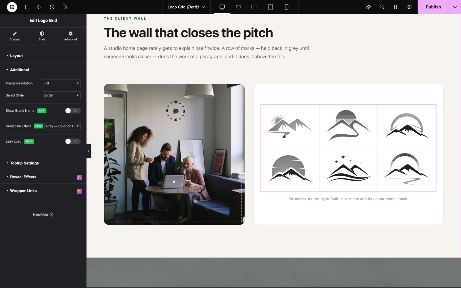 Elementor logo grid widget with Border style and gray to color on hover effect