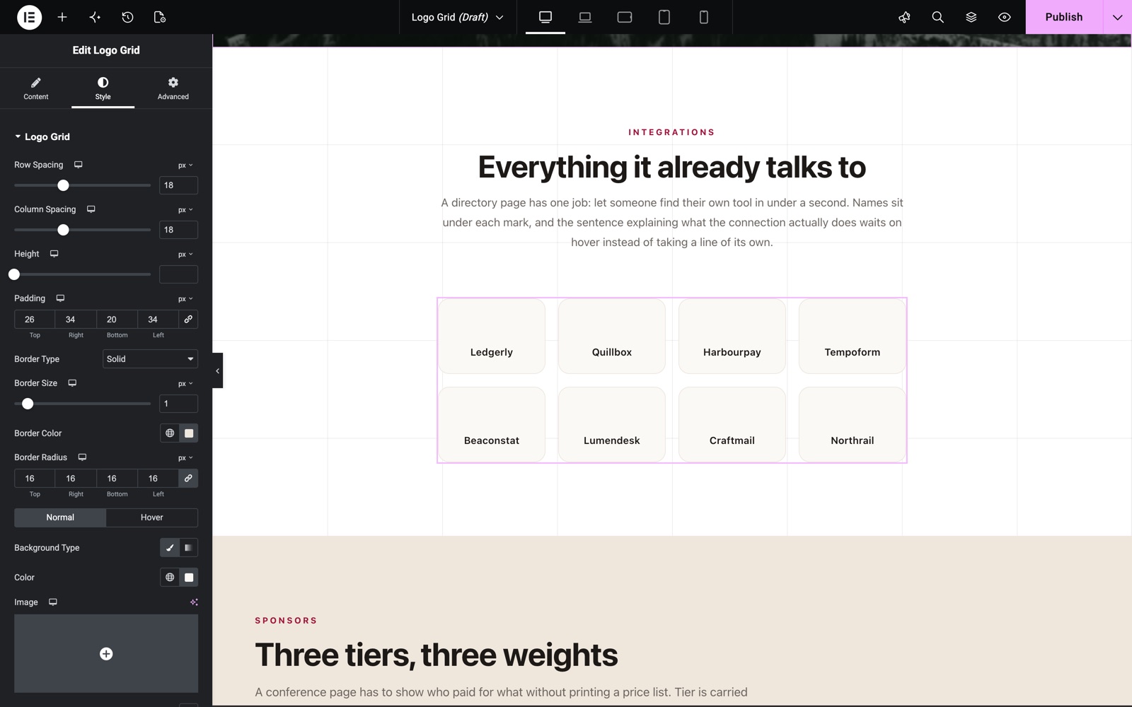 Logo Grid style settings with row spacing, column spacing, padding, border and radius