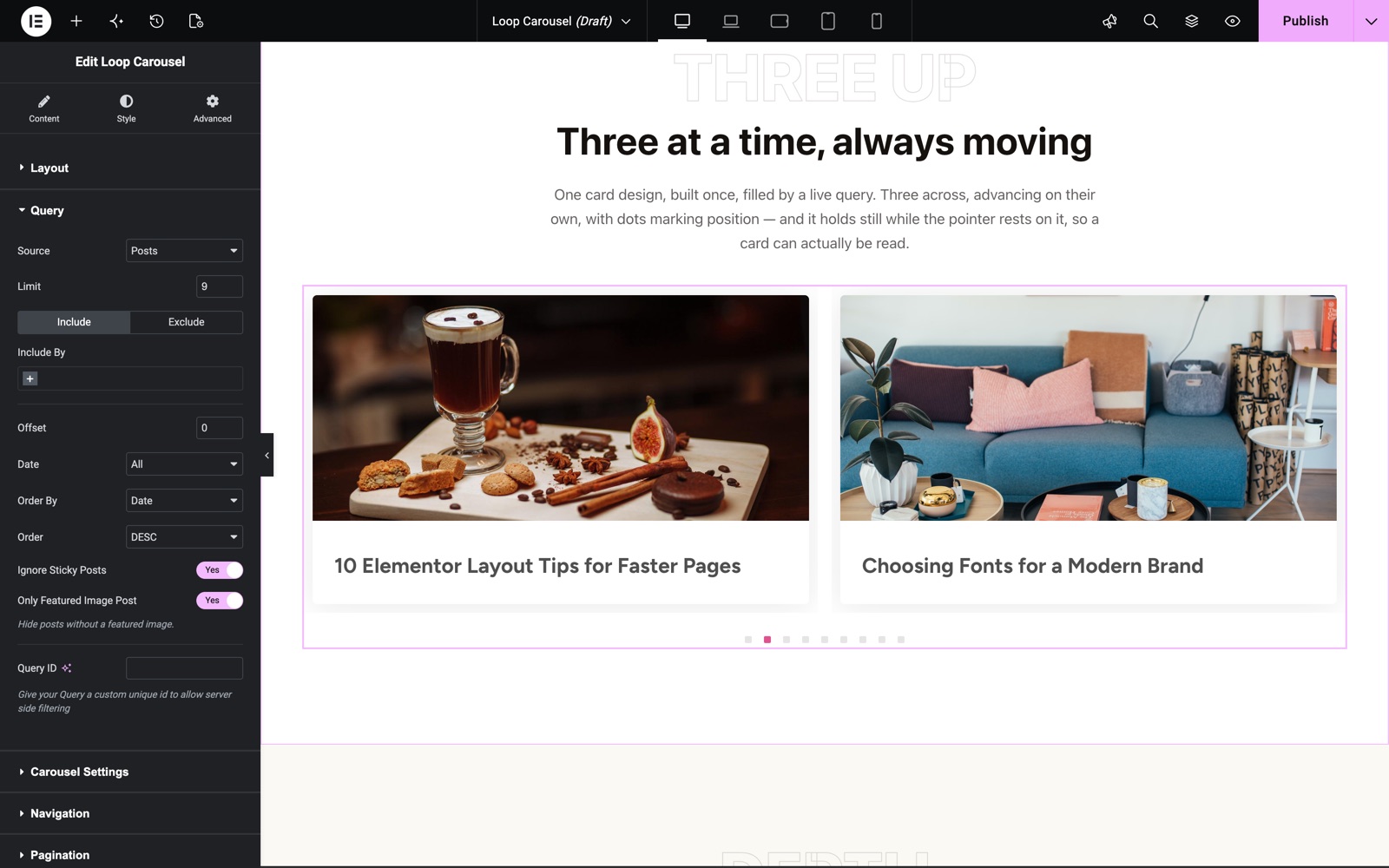 Loop Carousel query settings with source, limit, order and only featured image posts