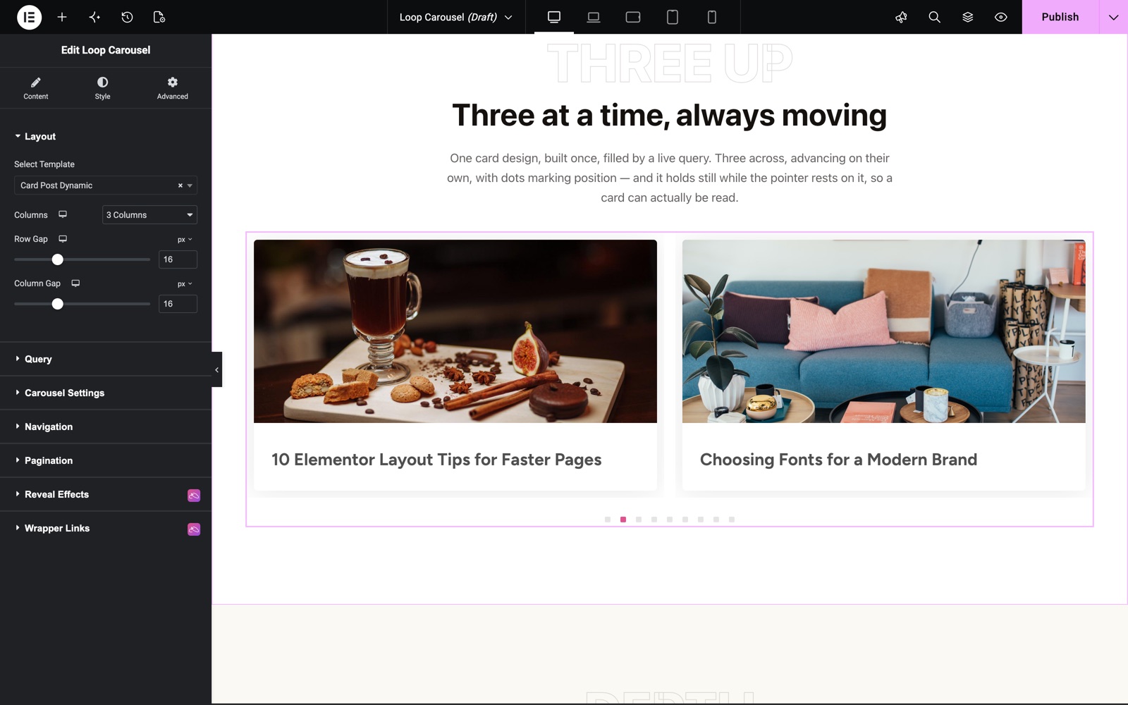 Elementor loop carousel widget with a saved template, 3 columns and row and column gap