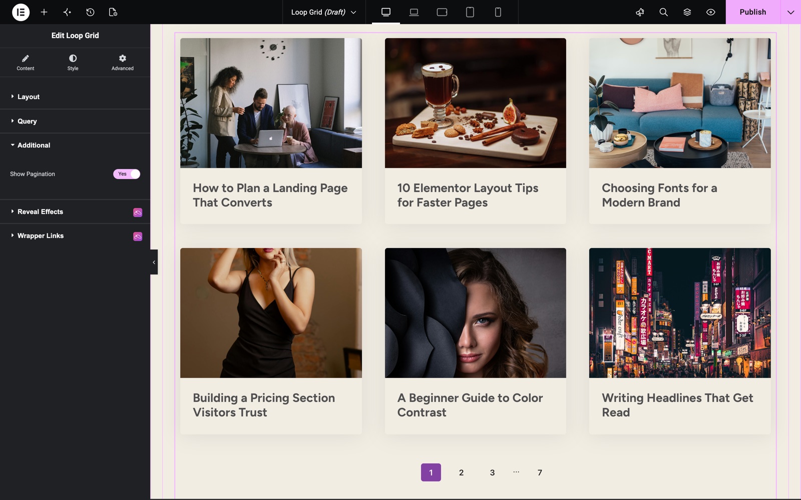 Loop Grid Additional section with Show Pagination and page numbers below the grid