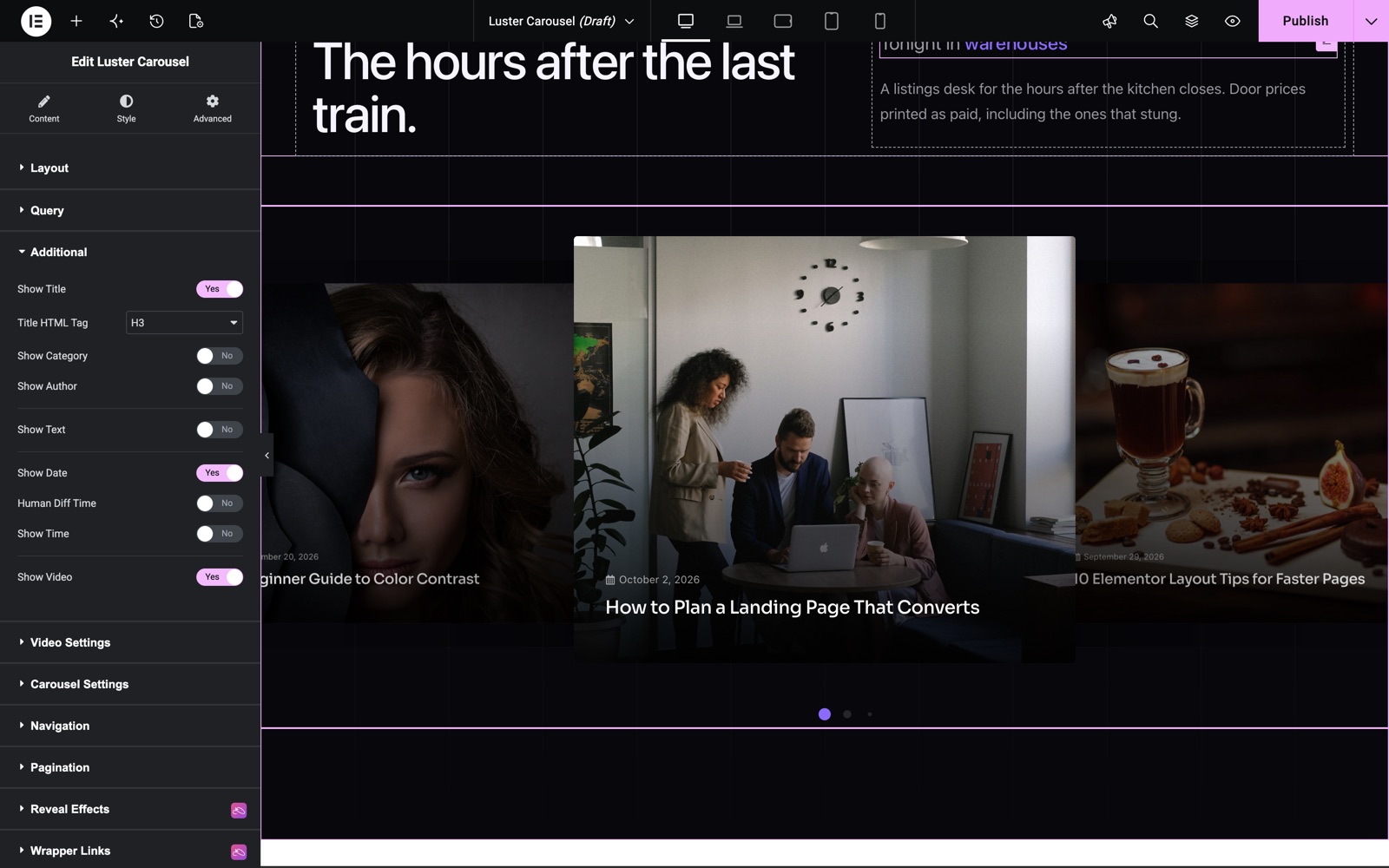 Elementor post carousel Additional section with show title, show date and show video