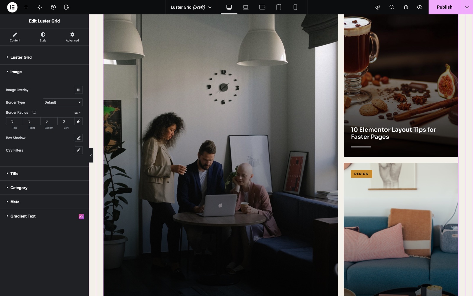 Luster Grid Image style with image overlay, border radius, box shadow and CSS filters
