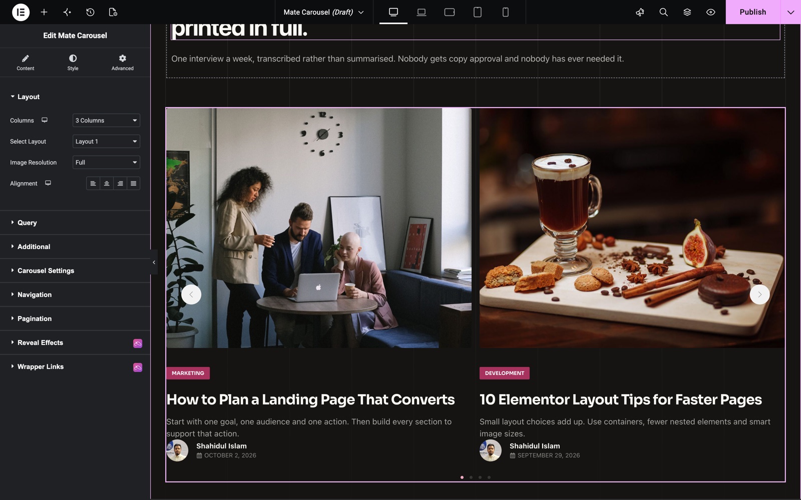 Elementor blog post carousel with Layout 1 and 3 columns