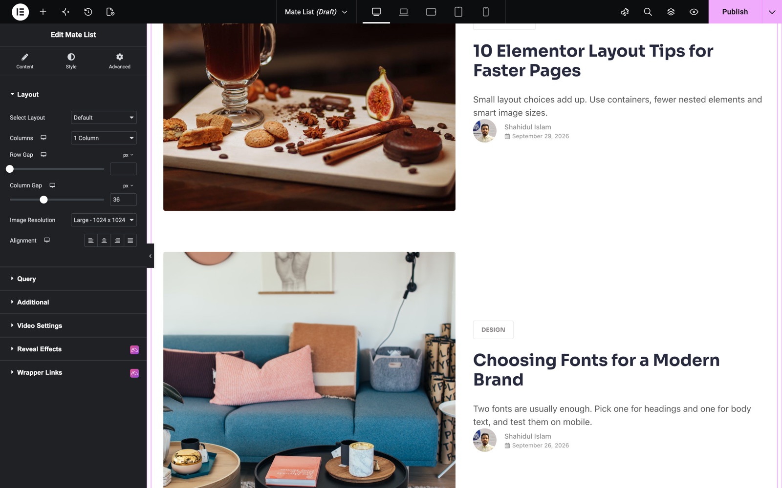 Elementor blog post list with the Default layout in one column