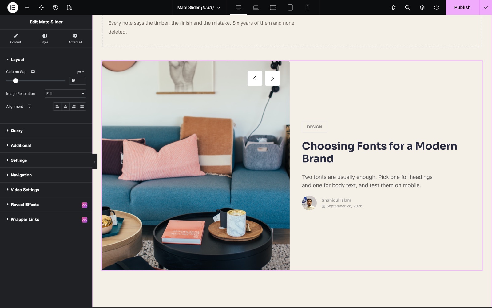 Elementor post slider with image and content side by side and a column gap