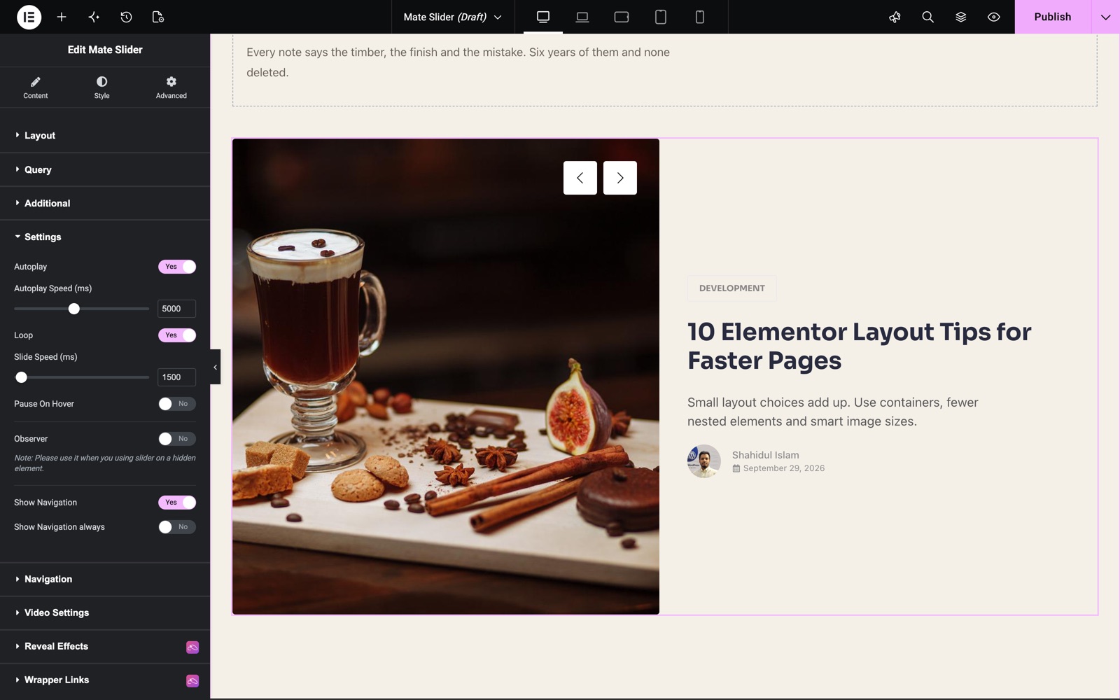 Mate Slider settings with autoplay speed, loop, slide speed and show navigation