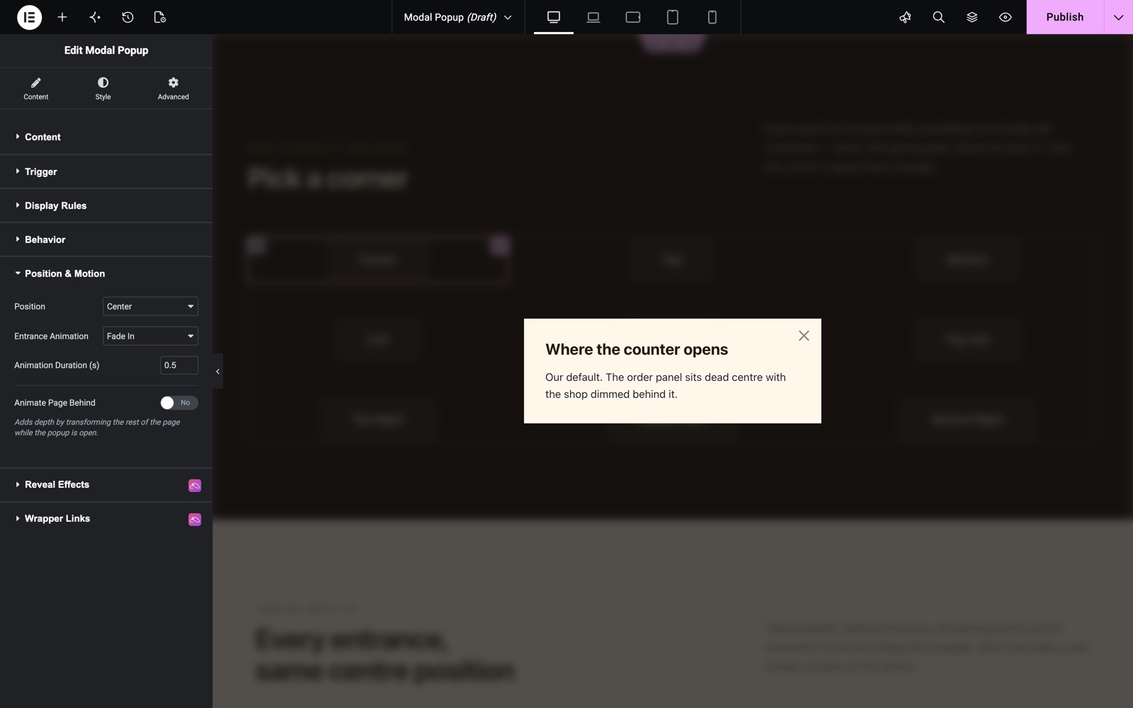 Modal Popup Position and Motion settings with Center position and Fade In animation