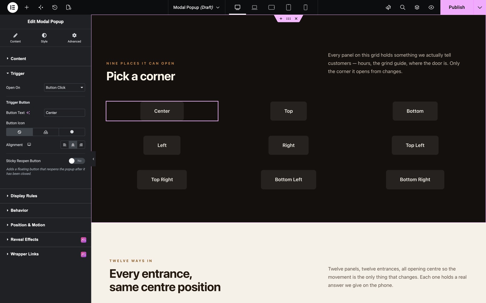 Elementor modal popup widget Trigger section with Button Click and button text