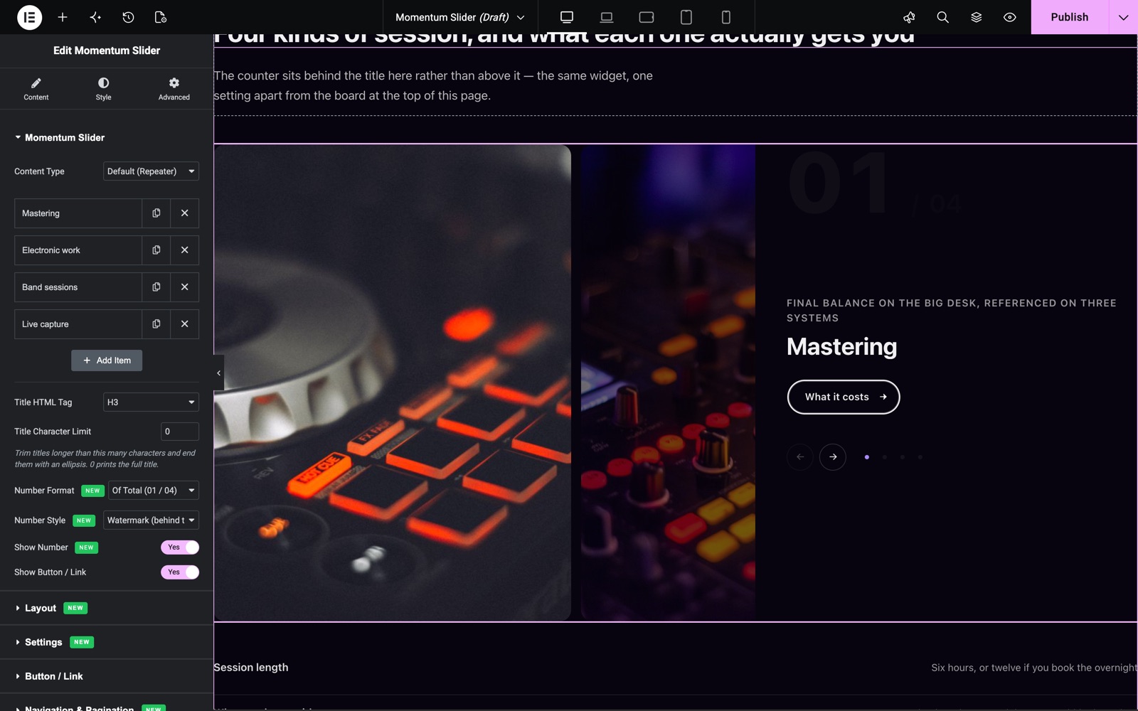 Elementor momentum slider content with four slides, Of Total number format and Watermark number style