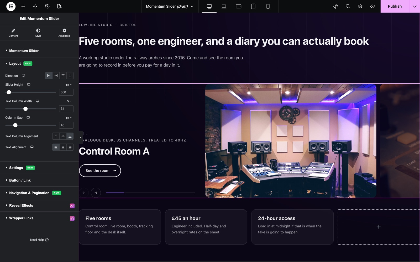 Momentum Slider Layout section with direction, slider height, text column width and column gap
