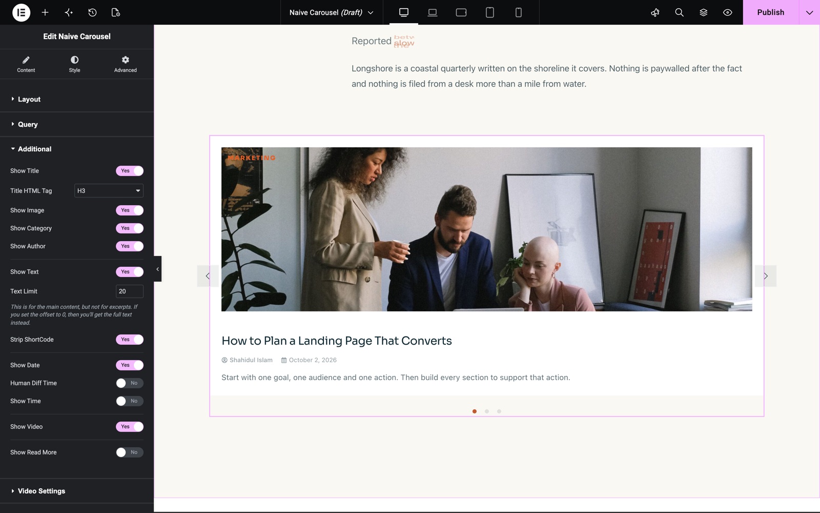 Naive Carousel Additional section with post elements, text limit and Show Read More