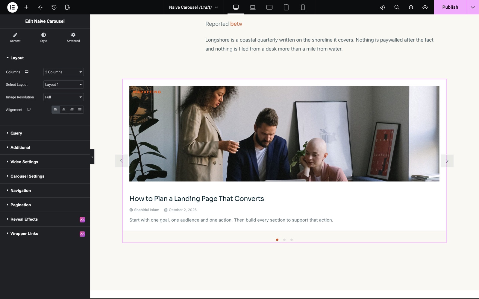 Elementor post carousel Layout section with 2 columns and Layout 1