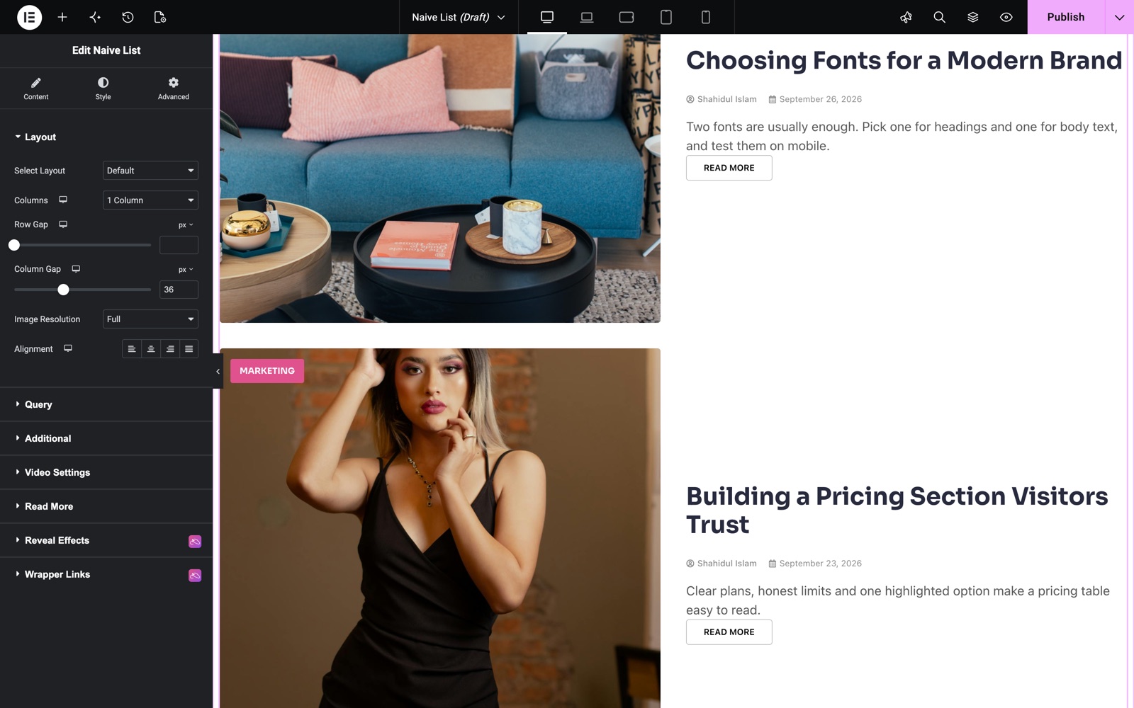 Elementor blog list with the Default layout and a Read More button