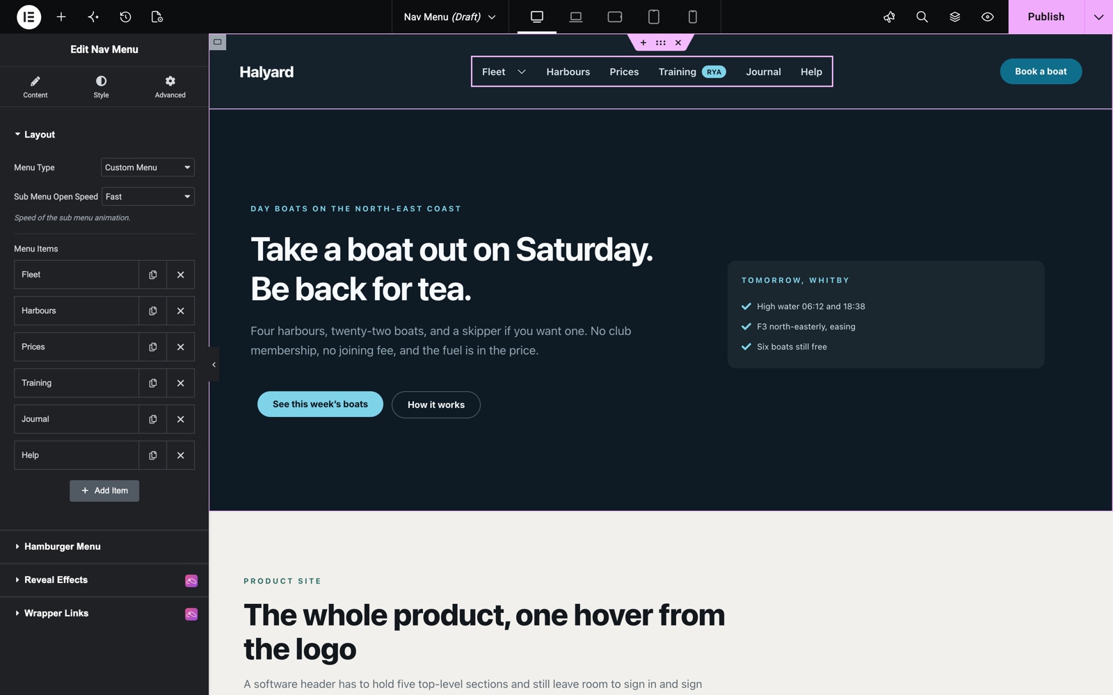 Elementor nav menu widget with Custom Menu items and a badge
