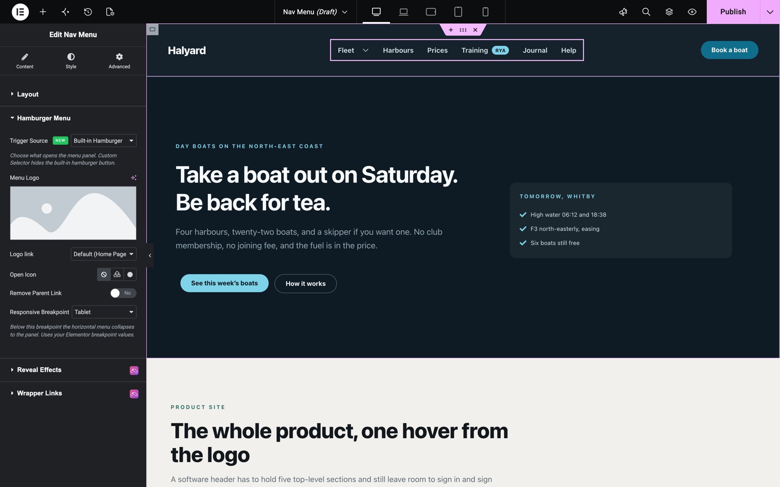 Nav Menu Hamburger Menu settings with Trigger Source, menu logo and responsive breakpoint