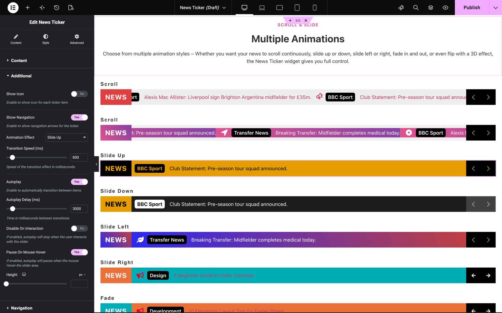 News Ticker Additional section with Slide Up effect, transition speed and autoplay delay