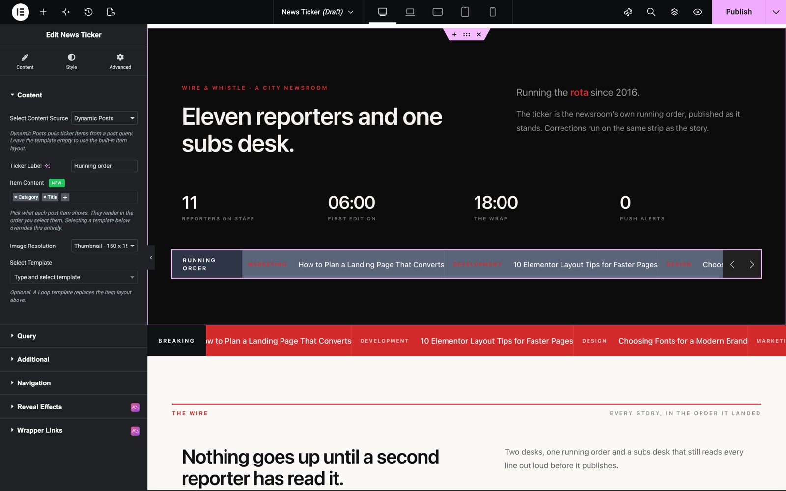 News Ticker Dynamic Posts source with Item Content set to category and title