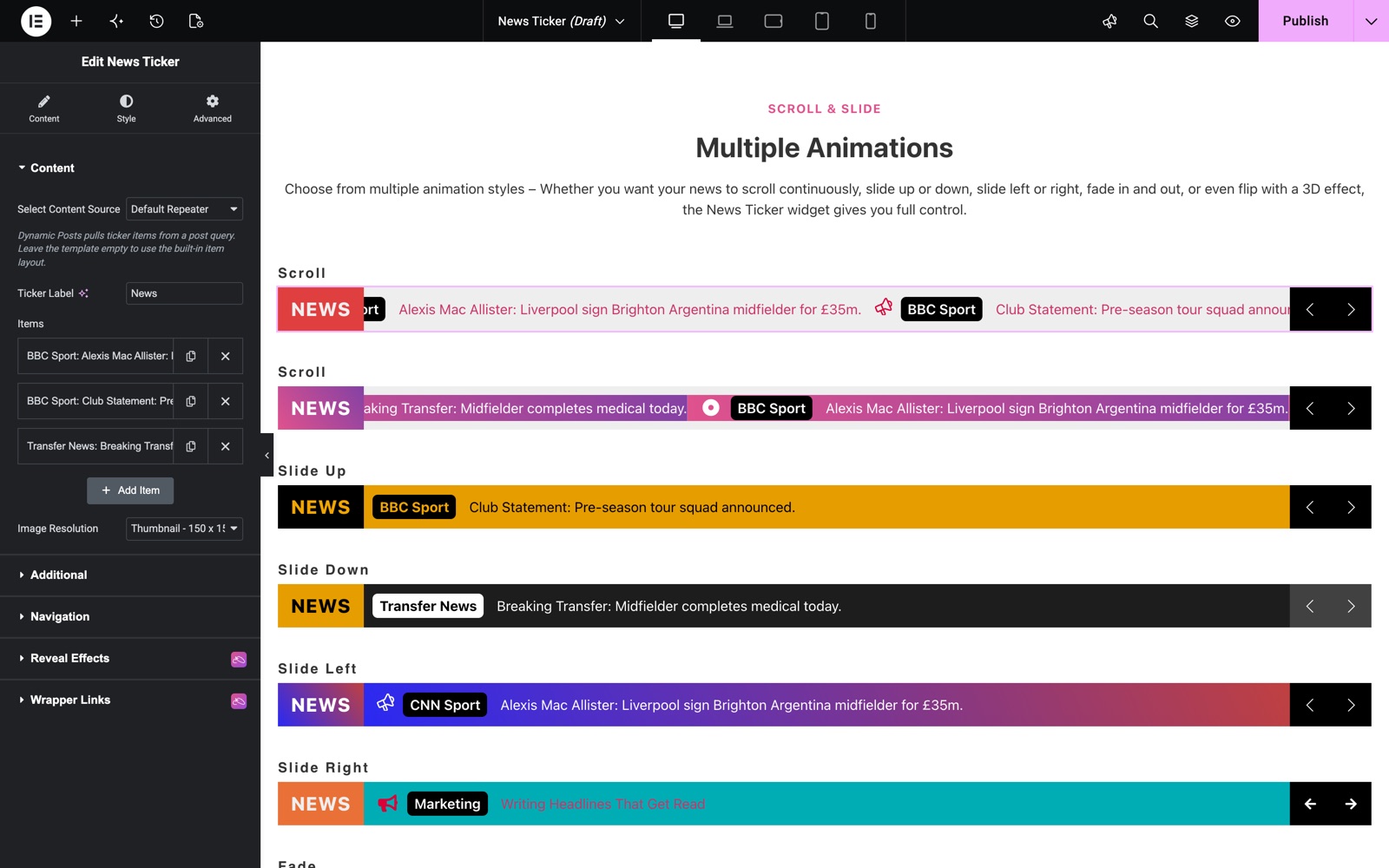 Elementor news ticker widget with repeater items, ticker label and prefixes
