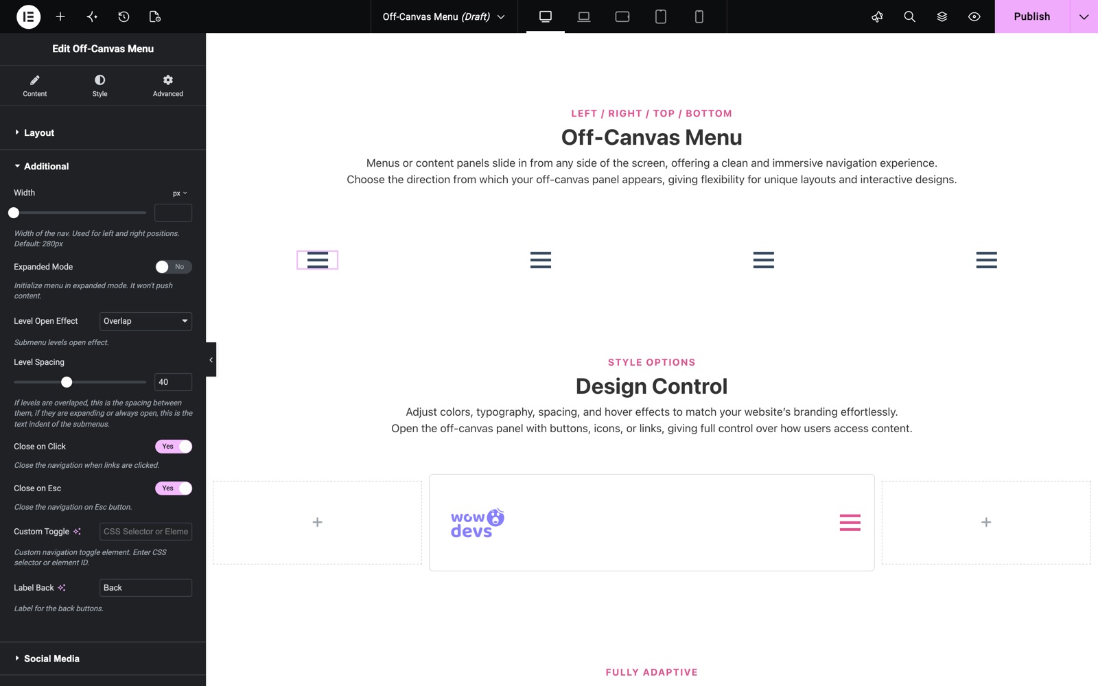 Off-Canvas Menu Additional settings with level open effect, level spacing, close on click and custom toggle
