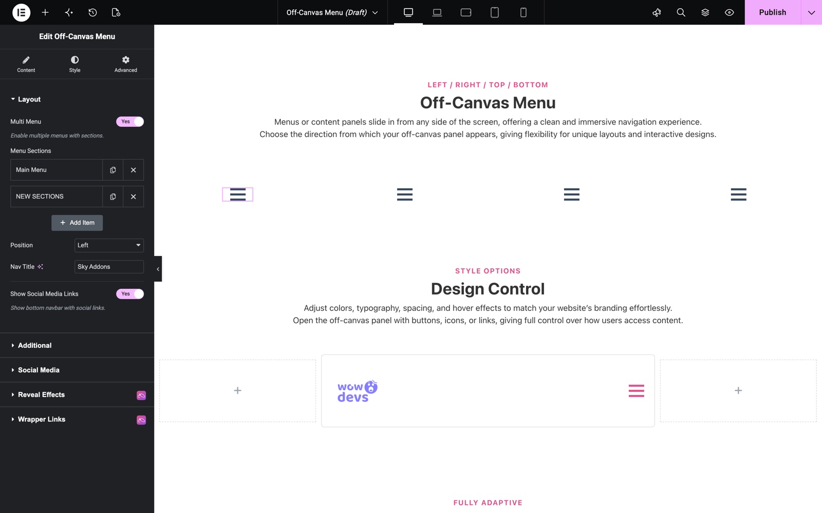 Elementor off-canvas menu Layout section with Multi Menu, menu sections, position and nav title