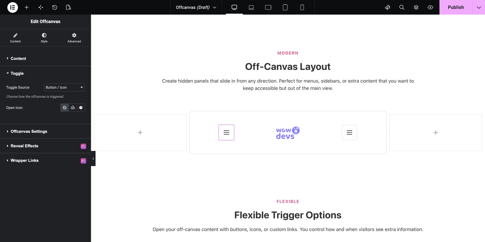 Offcanvas Toggle section with Button / Icon toggle source and open icon