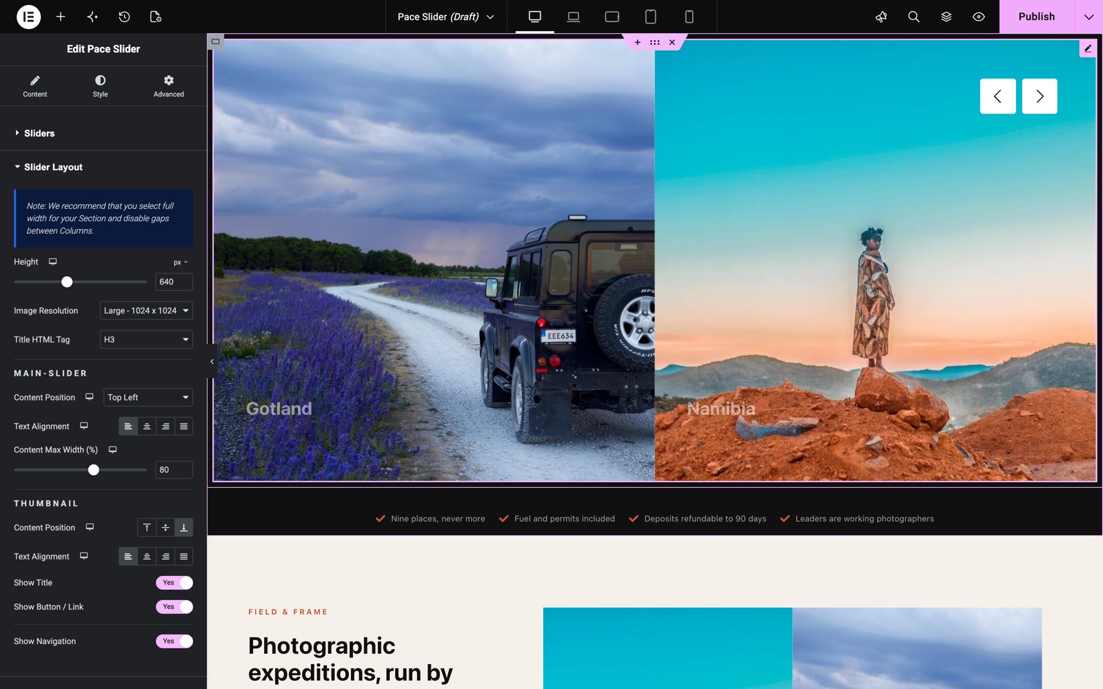 Pace Slider layout settings with height, content position, max width and thumbnail options