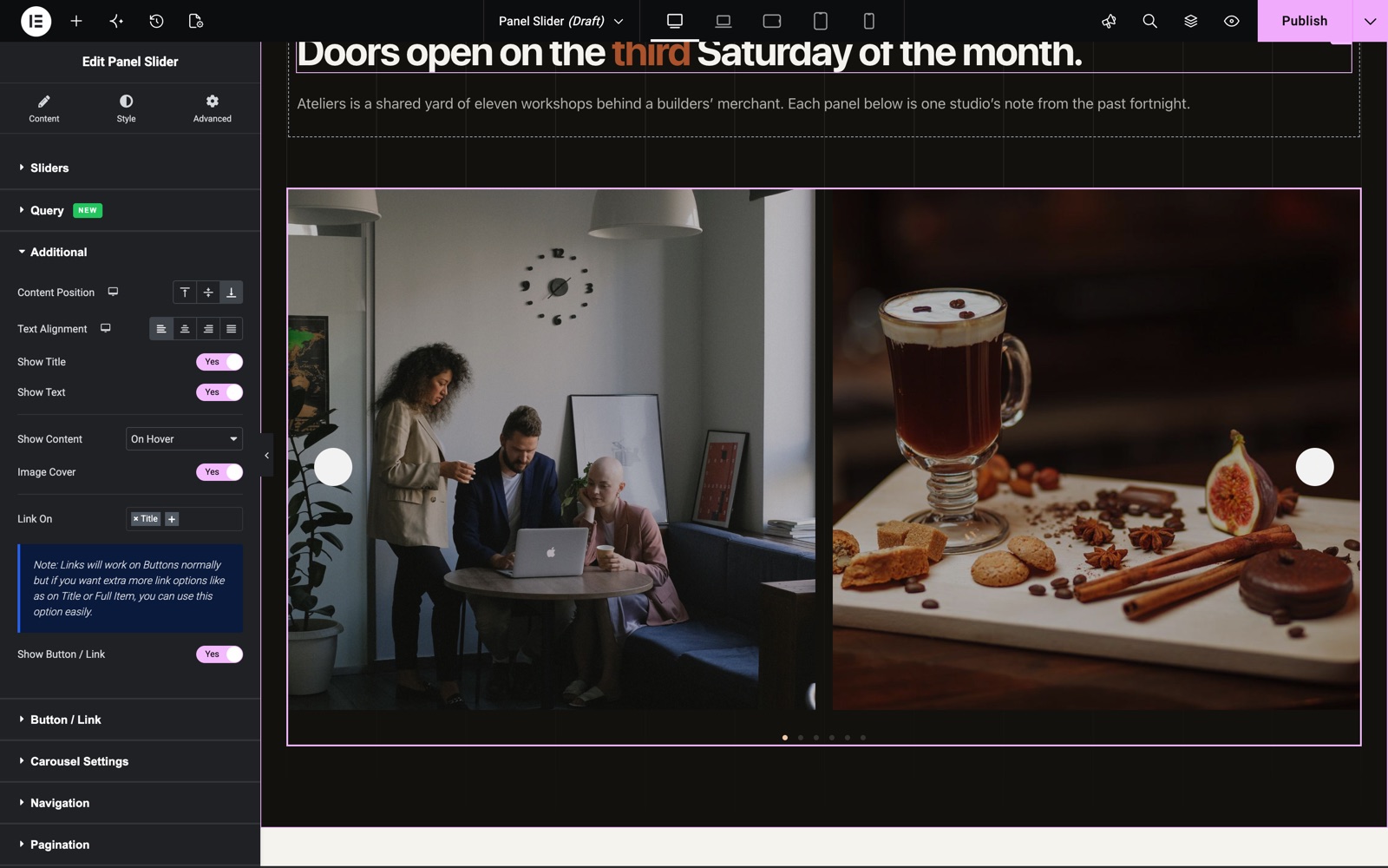 Panel Slider Additional section with content position, Show Content on hover and Image Cover