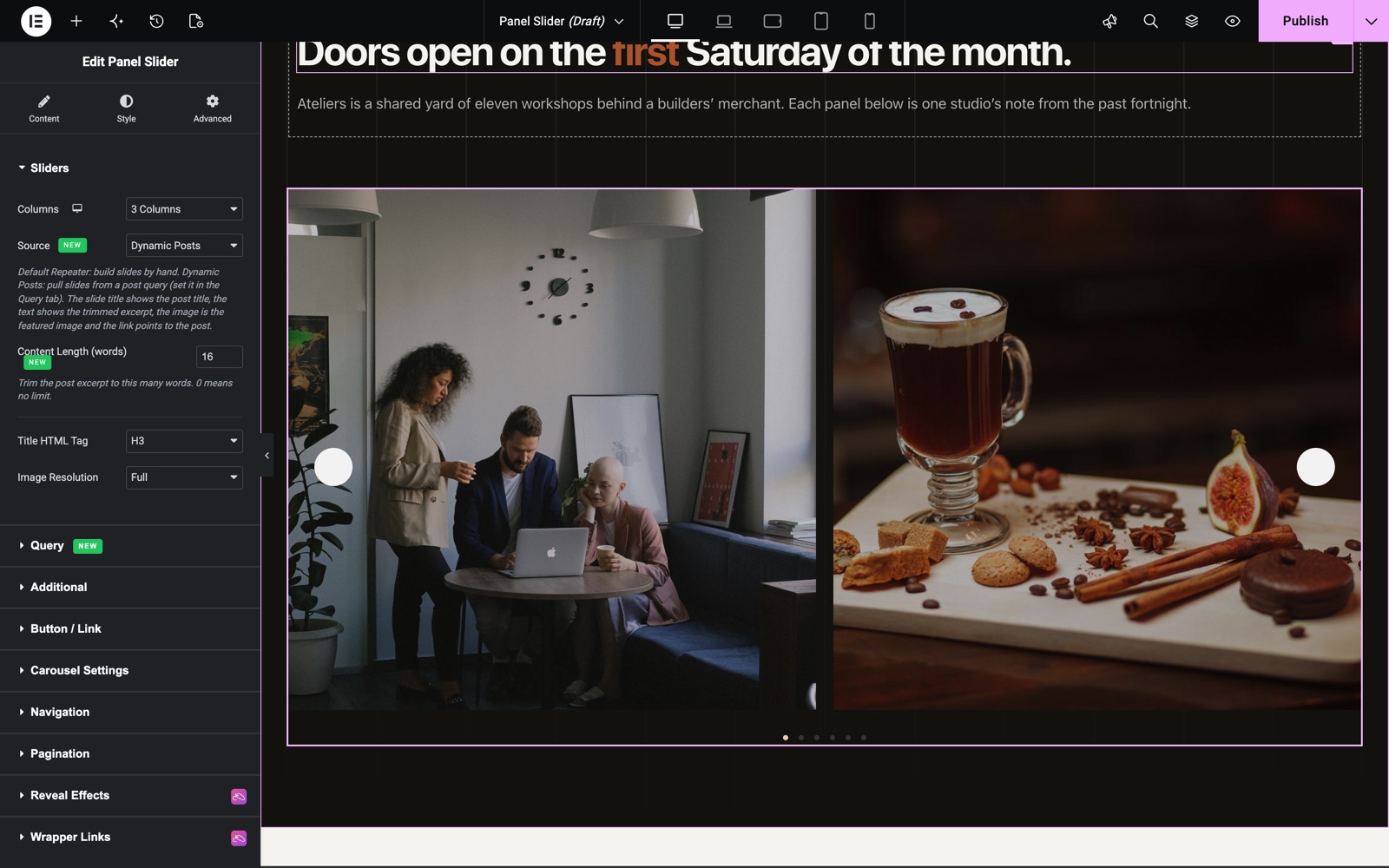 Elementor panel slider with 3 columns and the Dynamic Posts source