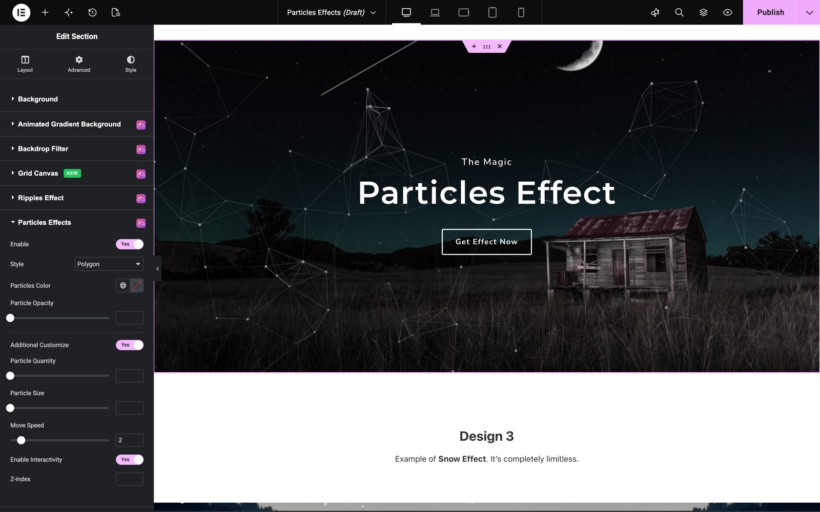 Elementor particles background with Polygon style, move speed and interactivity