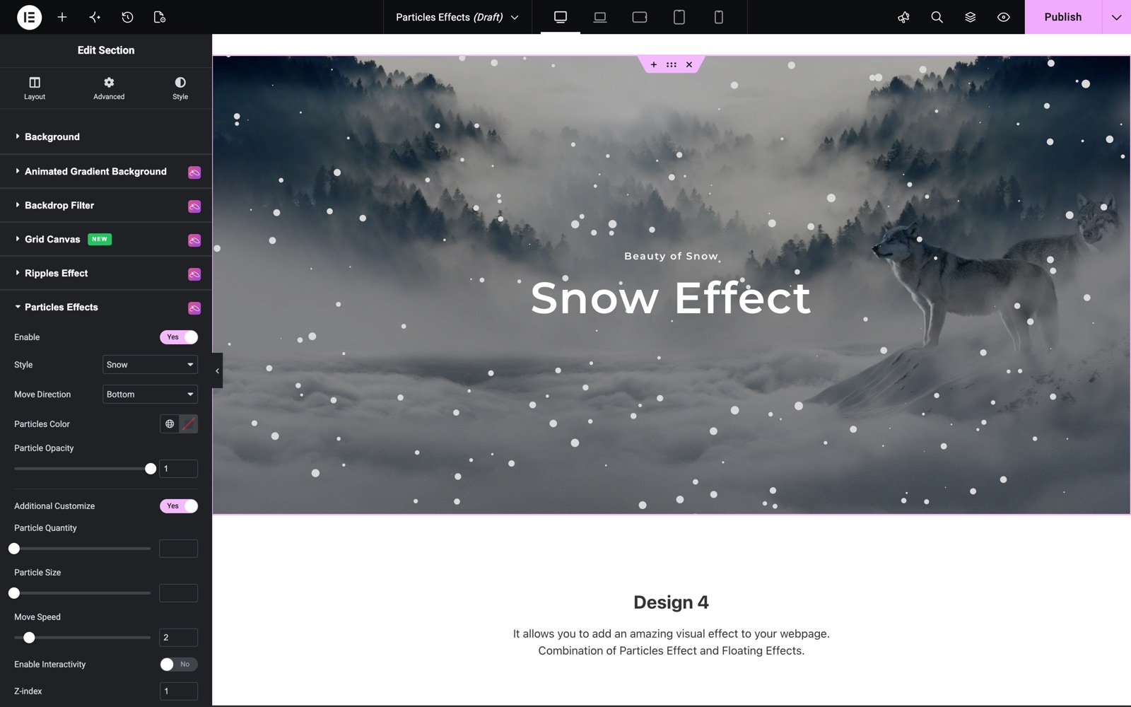 Elementor snow particles effect with Move Direction Bottom