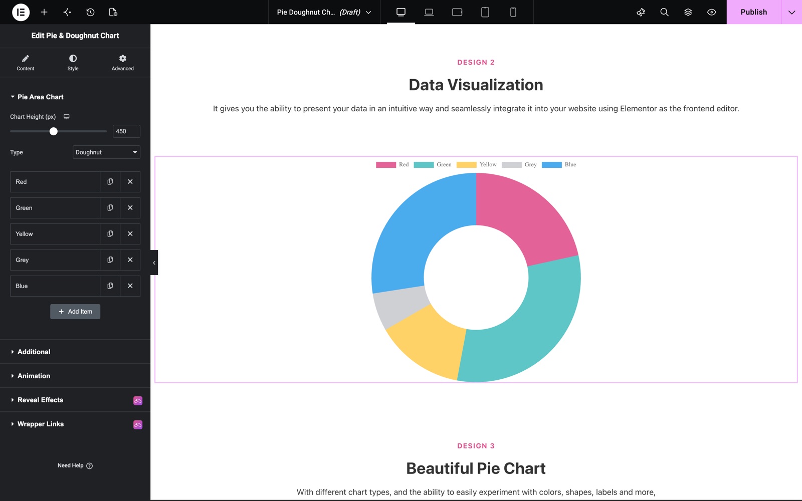 Elementor doughnut chart with the same five slices