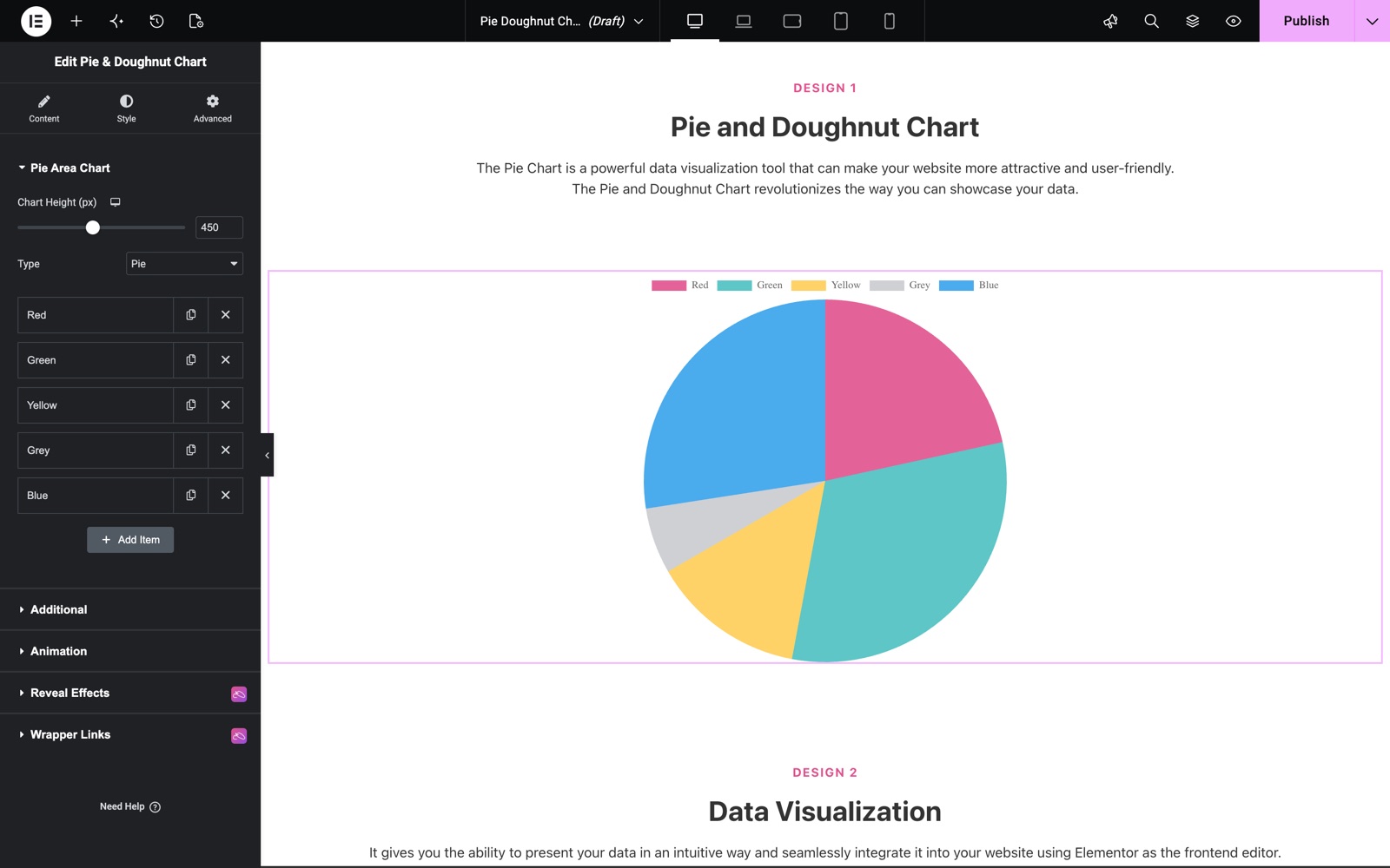 Elementor pie chart widget with five slices and the Pie type
