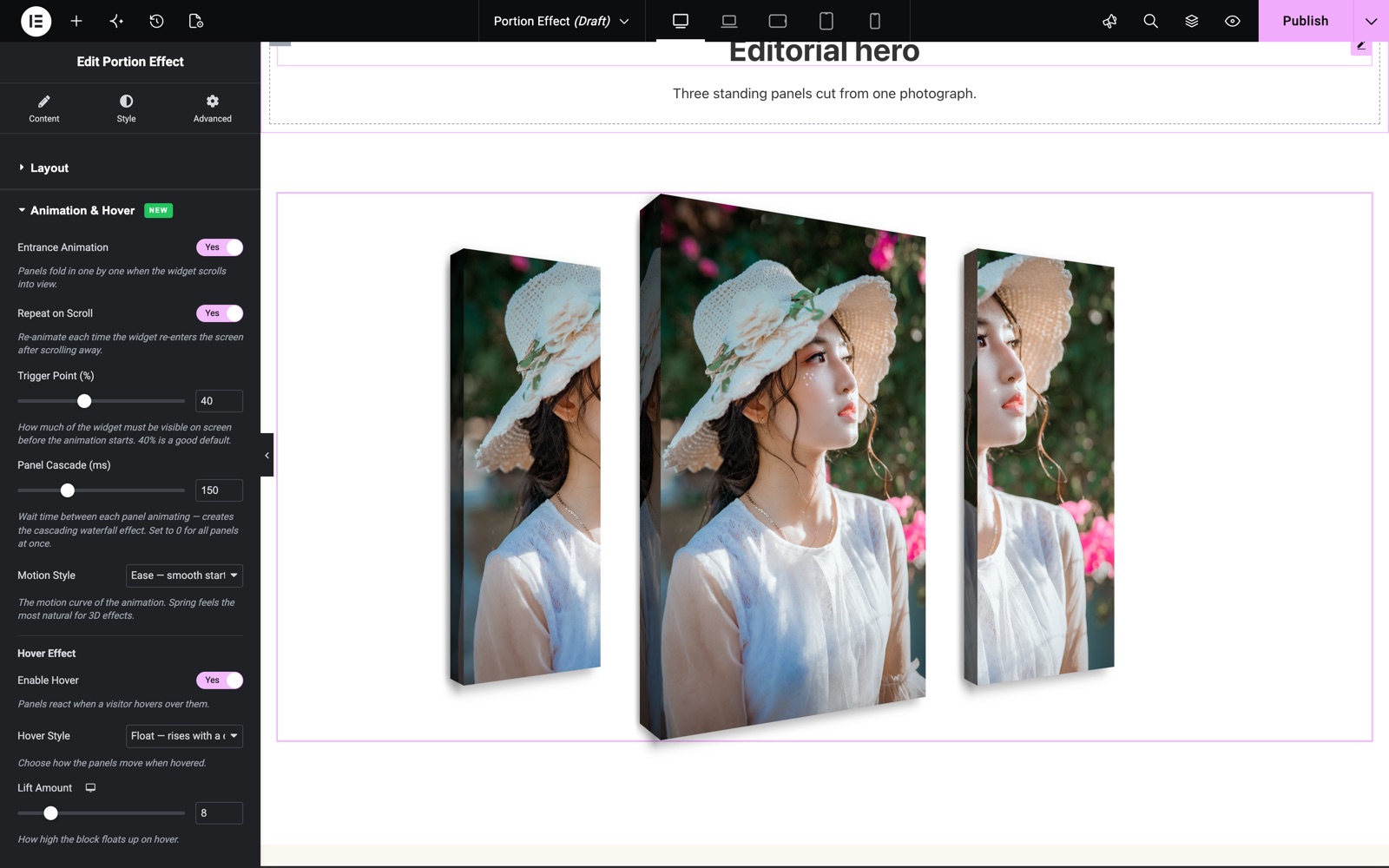 Portion Effect Animation and Hover settings with trigger point, panel cascade and Float hover