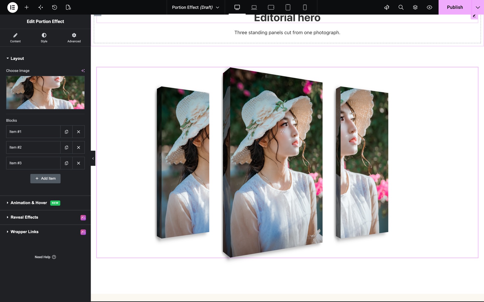 Elementor portion effect widget slicing one image into three 3D panels