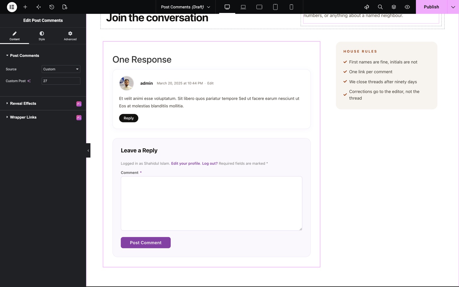 Elementor post comments widget with Custom source, a comment and the reply form