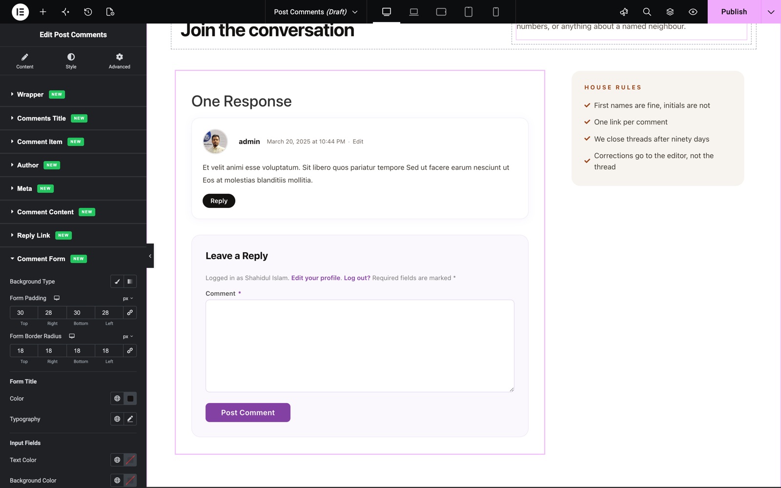 Post Comments Comment Form style with background, padding, radius and input fields