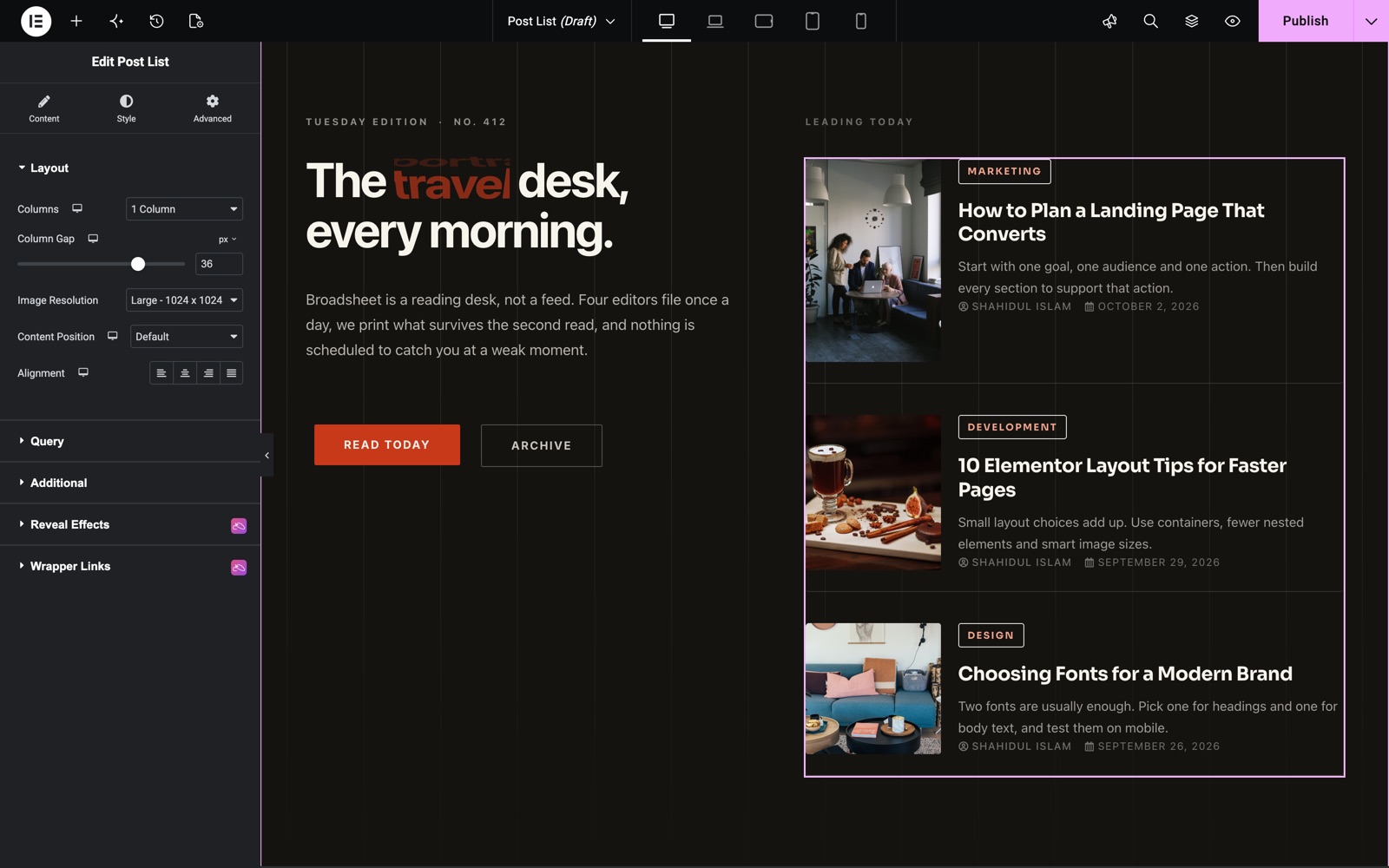 Elementor post list widget in one column with images beside the text