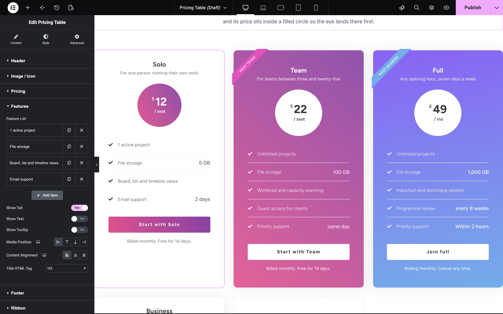 Pricing Table feature list with four items and Show Tail values